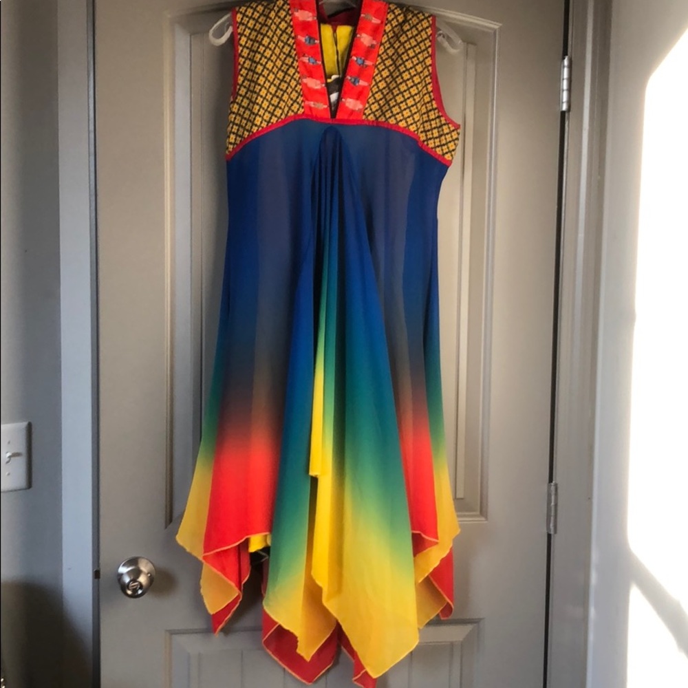 Vibrant asymmetric dress.